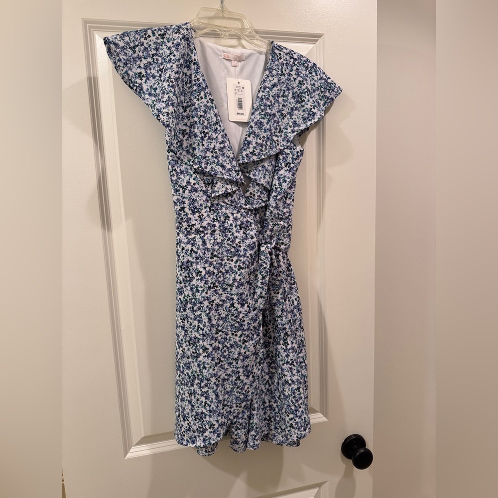 Gianni Bini Blue and White Ruffled Wrap Midi Dress